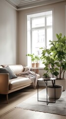 Serenity in Simplicity: Minimalist Living Room with Sleek Leather Couch. Generative AI 2