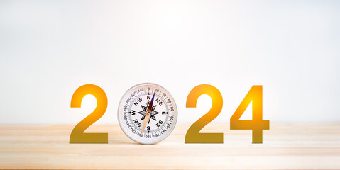 Happy New Year 2024 and business direction concept. 2024 year number decoration with white modern...