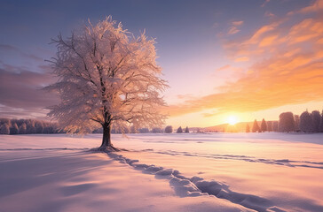 bosque nevado con arboles helados en atardecer con puesta de sol, con cielo azul y nubes - obrazy, fototapety, plakaty