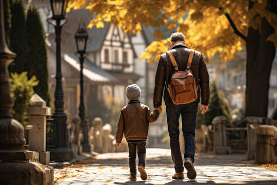 abuelo y nieto cogidos de la mano paseando por una calle peatonal en otoño