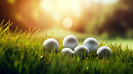 Close up of golf balls which are used in the golfing sports game by hitting with a club to score points and is a popular recreational pastime, Generative AI stock illustration image - obrazy, fototapety, plakaty