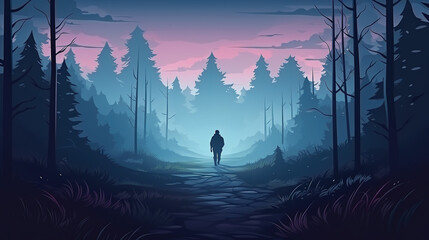 Landscape with a silhouette of a man walking on a trail into the misty scary forest in comic style, which can be used as background or wallpaper. Digital illustration generative AI.
