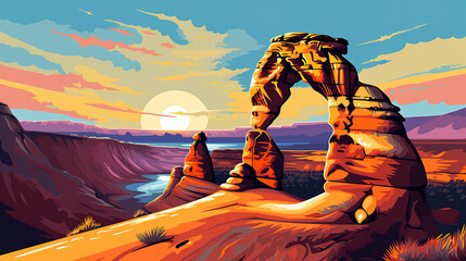 Scenic view of Delicate Arch in Arches National Park during sunrise in landscape comic style. Digital illustration generative AI.