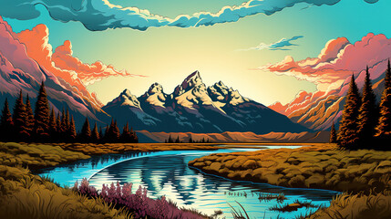 Scenic view of Grand Teton National Park during sunrise in landscape comic style. Digital illustration generative AI.
