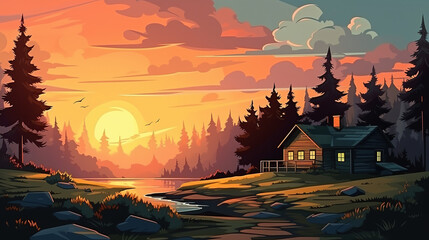 Landscape with cottage in the forest during sunrise in comic style, which can be used as background or wallpaper. Digital illustration generative AI.