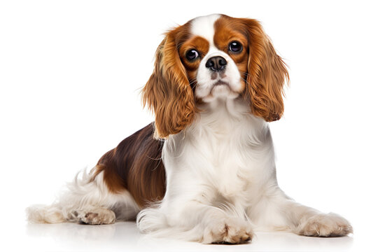 Full body photo of an adorable Cavalier King Charles Spaniel dog isolated on white background. Digital illustration generative AI.