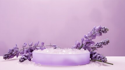 Podium, stand, platform with lavender flowers and crystals of sea salt on pastel purple background. Mock up for the exhibitions,presentation of products, therapy, relaxation and health, AI Generated
