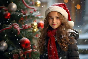 Caucasian cute girl in festive red hat on background of decorated Christmas tree outdoors on winter day, happy new year
