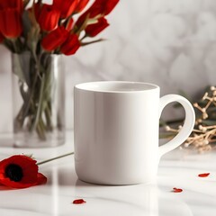 White plain blank mug cup 11oz mockup product photography background, Valentine Day themed red roses and flowers, product background
