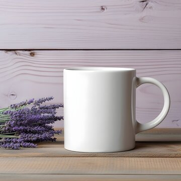 White plain blank mug cup 11oz mockup product photography background, Valentine Day themed purple lavender flowers , product background