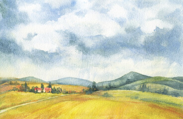 Beautiful landscape, panoramic illustration. Yellow countryside fields and a hills with green forest. Watercolor hand drawn painting illustration - 643575193