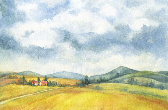 Beautiful landscape, panoramic illustration. Yellow countryside fields and a hills with green forest. Watercolor hand drawn painting illustration
