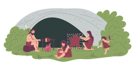 Primitive people in front of cave cooking food on fire, flat vector illustration isolated on white background. - obrazy, fototapety, plakaty