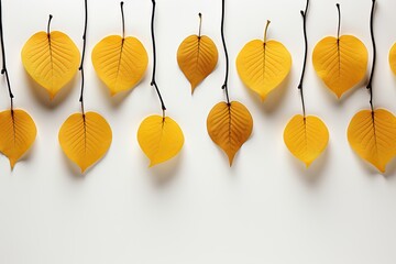 A clean and minimalist background image for creative content, featuring aligned yellow fall leaves on a white background. Photorealistic illustration, Generative AI