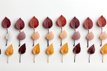 A versatile background image for creative content, showcasing an array of fall leaves in various colors, carefully arranged on a white background. Photorealistic illustration, Generative AI