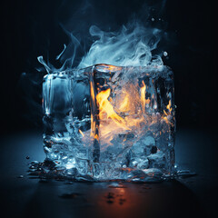 Fondo con detalle y textura de pequeño fuego dentro de cubito de hielo - obrazy, fototapety, plakaty