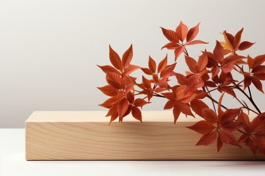 A minimalist and rustic background image for creative content, showcasing a wooden block with red leaves against a clean white background. Photorealistic illustration, Generative AI