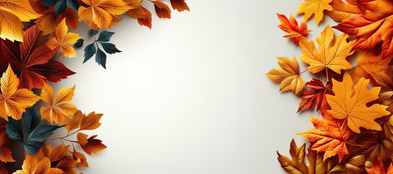 A wide-format background image in November, framed by fall leaves on the left and right, with the center left blank and open for customization. Photorealistic illustration, Generative AI