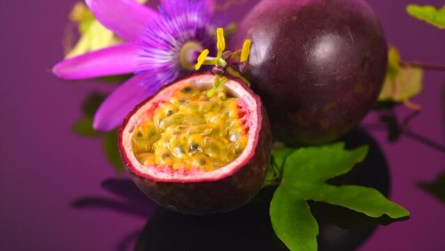 Passion fruit Maracuya with leaf and flower on purple background. Fresh organic passionfruit, Passiflora edulis, exotic fruits close up, on violet backdrop, rotating