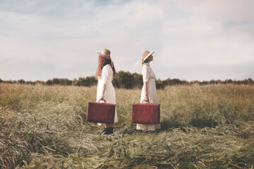 two surreal female travelers dressed alike with suitcase shoulder to shoulder leave for two opposite destinations, abstract concept