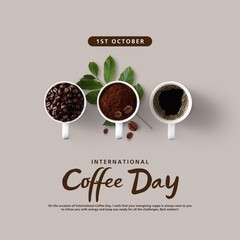Coffee composition with three cups of coffee on minimal background, banner, flat lay, world coffee day concept