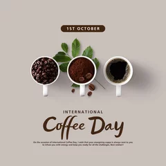 Fotobehang Coffee composition with three cups of coffee on minimal background, banner, flat lay, world coffee day concept © Rohan Divetiya 
