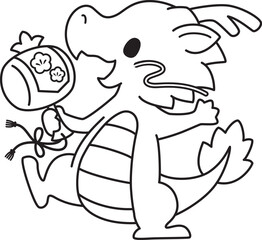 打ち出の小槌を持った龍の線画イラスト