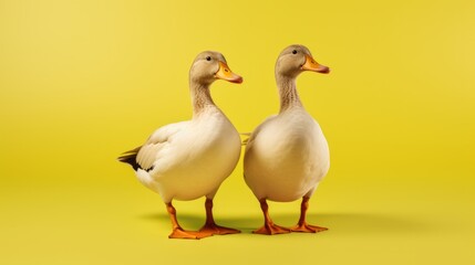 Two ducks standing on a vibrant yellow background