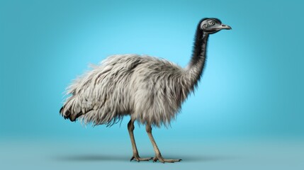 An ostrich standing on a vibrant blue background