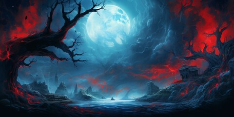 Fototapeta premium halloween background landscape with moon with red blue hues and creepy trees.