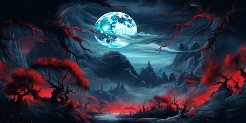 Fototapeta premium halloween background landscape with moon with red blue hues and creepy trees.