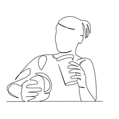 girl drinks a cocktail and eats a hamburger