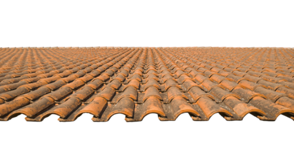 Weathered red tile roof with midday overhead sunlight, isolated on empty background