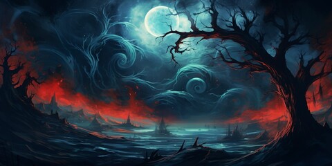 halloween background landscape with moon with red blue hues and creepy trees.