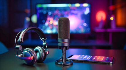 Headphones, a microphone, and a mobile phone are arranged on a surface. In the background, a computer monitor displays a bokeh effect. The setup appears ready for an audio podcast recording session.  - obrazy, fototapety, plakaty