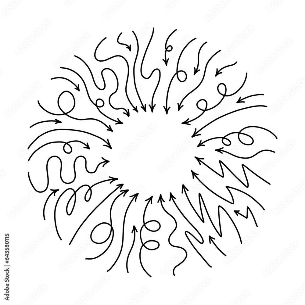 Wall mural round frame with line arrows pointing to center. vector curvy and wavy arrows isolated on white back