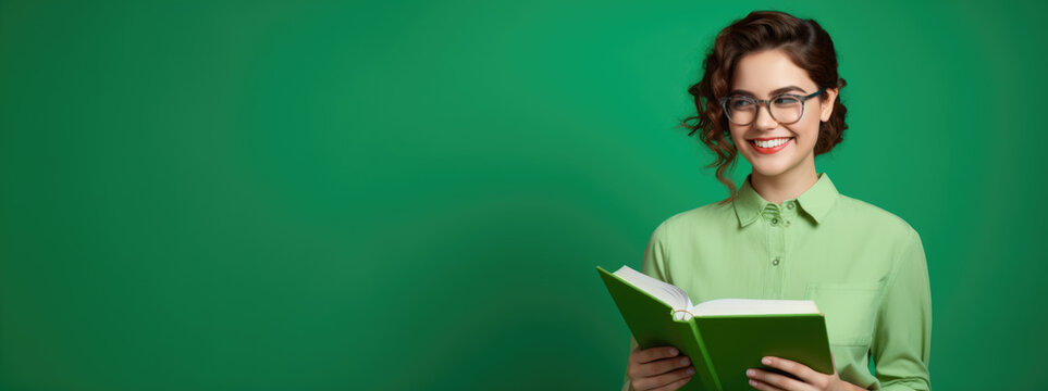 Photo of smiling student with glasses and folder on solid green background. Online education concept. Copy-space, Course banner