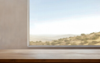 Wooden table in front of window with beautiful desert hill view background. High quality photo