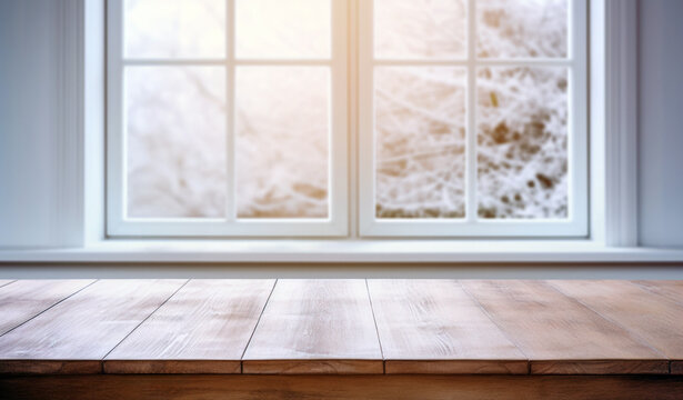 Fototapeta Wooden table in a sunlit room with the windowsill and backdrop of a view of trees exposed to snow. High quality photo