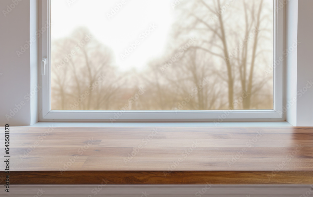 Poster wooden table stands in a room of natural light front of a large window, a view of trees is visible w