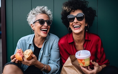 Couple of older lesbians eating street food and having fun while sitting in a cafe