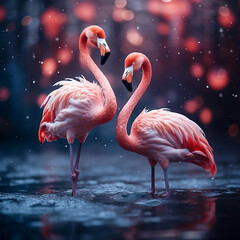 Side view of two pink flamingos in shallow African pond, hazy background
