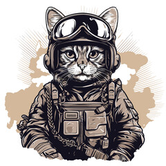 Cat in military uniform in vector pop art style.