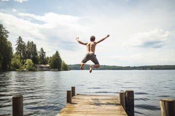 Fototapeta na wymiar Young man jumping into the lake