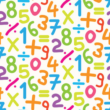 Colorful Hand Drawn Numbers with math symbols seamless pattern on white background. For back to school projects, classrooms and kids playroom 