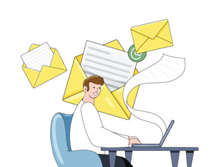 Concept Newsletter. A man sitting at a desk writing content for an email newsletter. Hand drawn illustration style.