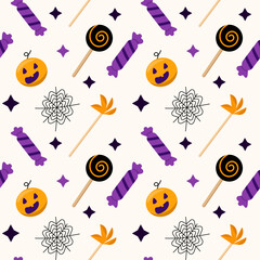 Halloween seamless pattern. Isolated on light yellow. Vector for poster, offer, flyer, banner, invitation, greeting card.  Balloon, pumpkin, eye,  confetti, lollipops, web