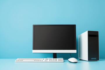 PC. Keyboard, mouse, and design speaker on light blue wall with blank display. Presentation mockup. Generative AI