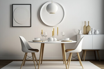 white dining room with table, chairs, and accessories. illustration mockup. Generative AI