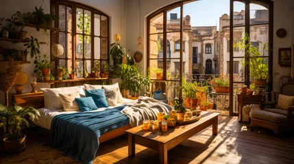 Foto op Plexiglas Enchanting Barcelona's Gothic Quarter with its bohemian-decorated Airbnb studio, combining comfort, Spanish architecture and artistic charm in local authenticity. © XaMaps